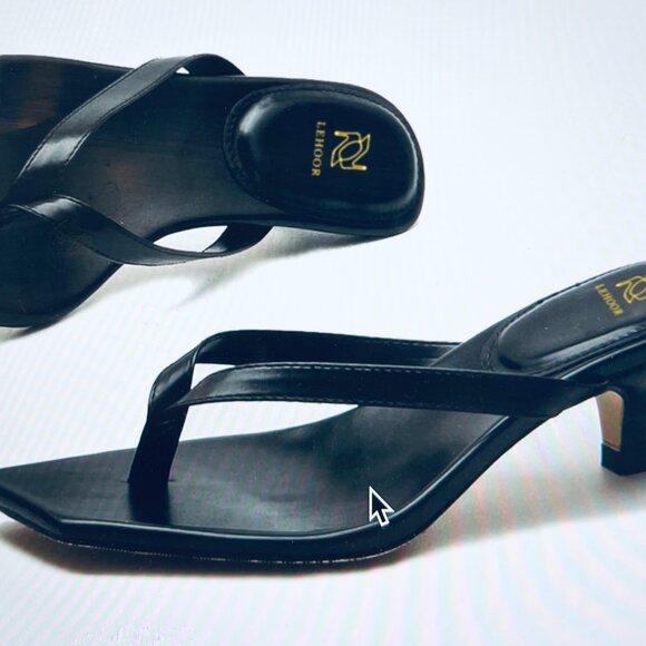 Lehoor BLACK Kitten Heels Flip-Flops Mules Thongs Square Open Toe Sandals, 8.5 - Picture 2 of 9